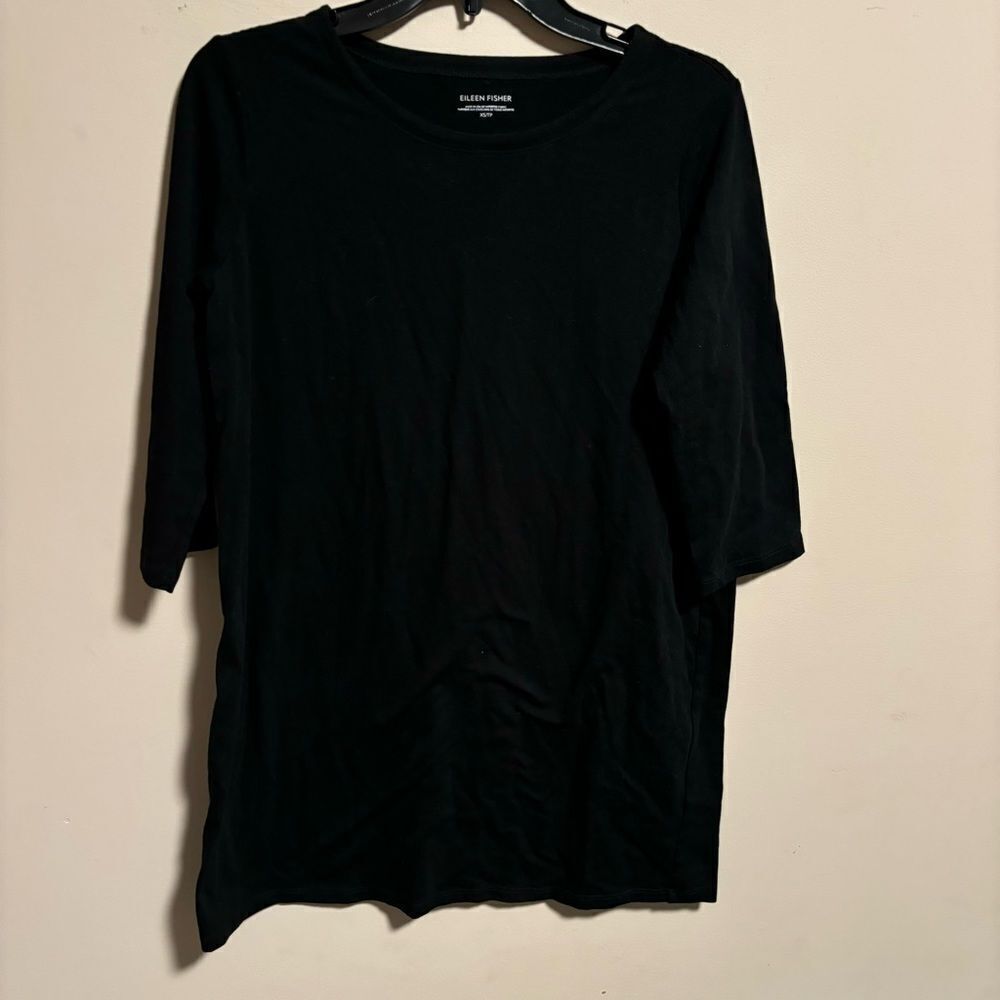 Eileen Fisher Jersey Crew Neck 3/4 Sleeve Shift Dress Black- Size XS